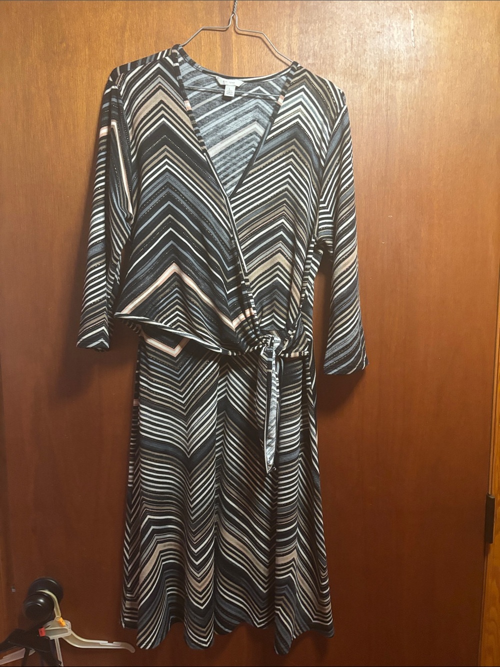 Cato Black and Gray Striped Wrap Midi Dress